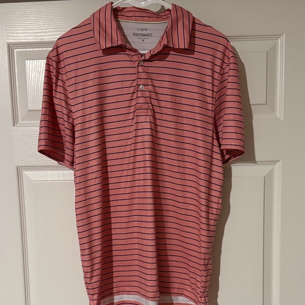 J. Crew Performance Coral and Navy Striped Polo Shirt